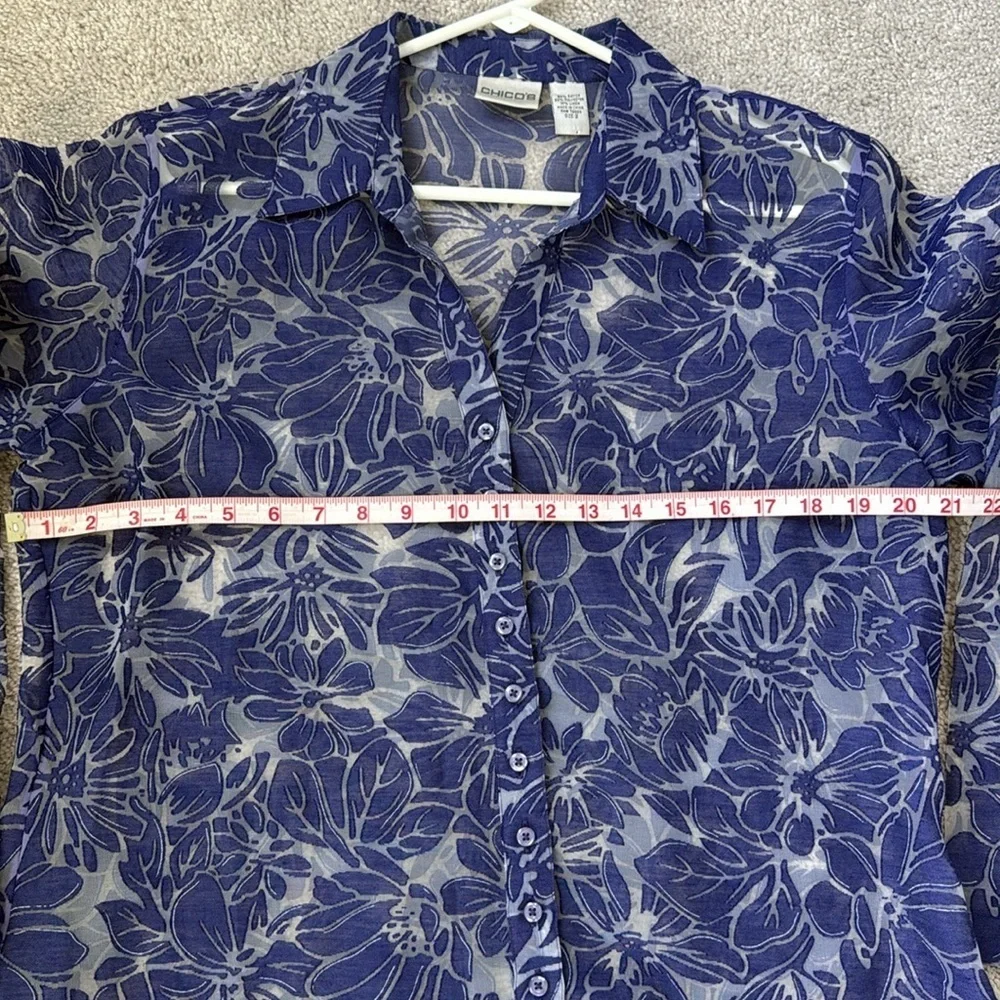 Chico's Blue Rayon Linen Blend Floral Sheer Blouse size 2(L/XL)